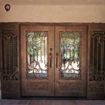 Arched wrought iron entry doors, single & double exterior iron front doors.